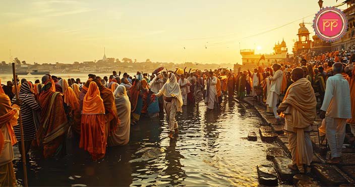 people gatheing at ganges for mahakumbh 